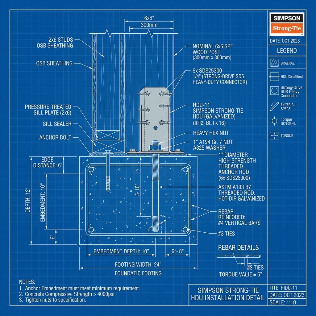 Simpson Strong-Tie HDU Hold-Down Foundation Anchor Blueprint Schematic | Six Senses Builders