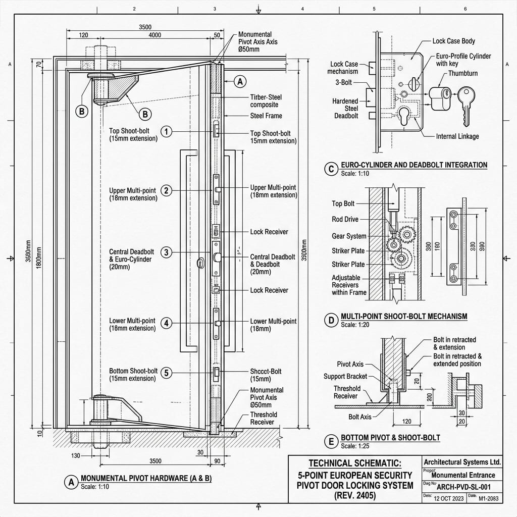 5-Point European Shoot-Bolt Deadbolt Security System Blueprint Schematic | Six Senses Builders