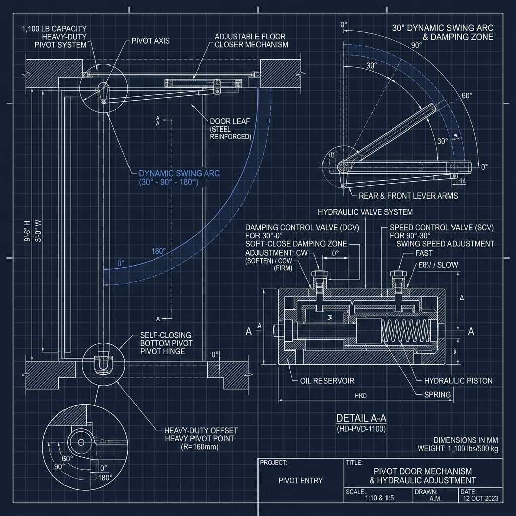 1,100 lb Dynamic Swing Arc Hydraulic Latch Damping Blueprint Schematic | Six Senses Builders