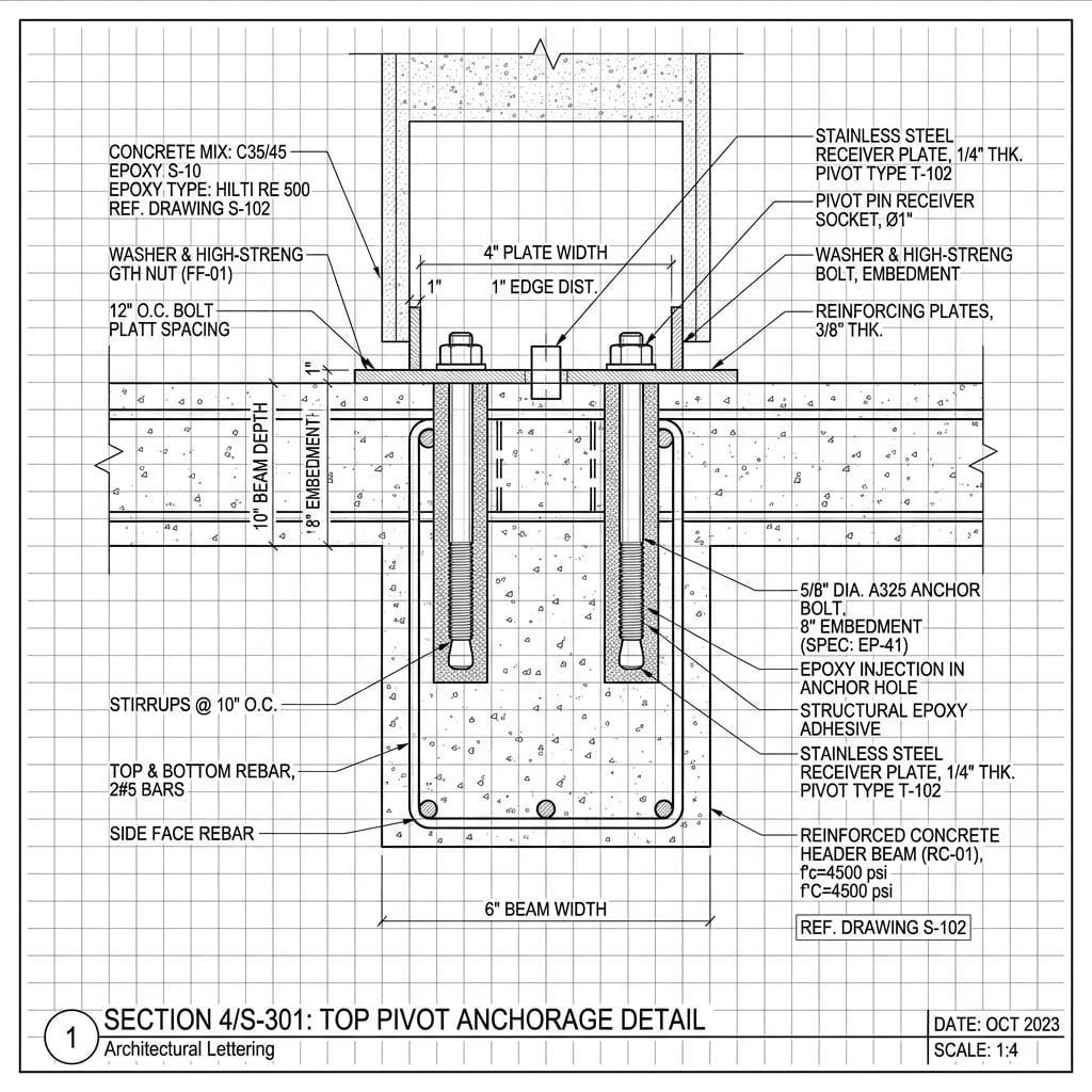 Concrete Header Top Pivot Ceiling Receiver Plate Blueprint Schematic | Six Senses Builders