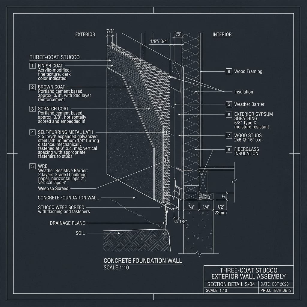 Three-Coat Portland Stucco Assembly Over Metal Lath Blueprint Schematic | Six Senses Builders
